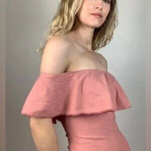 Reformation Pink Ribbed Off-Shoulder Mini Dress | Bateau Neck, XS